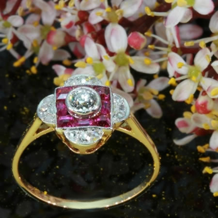 Ruby diamond Art Deco engagement ring yellow gold